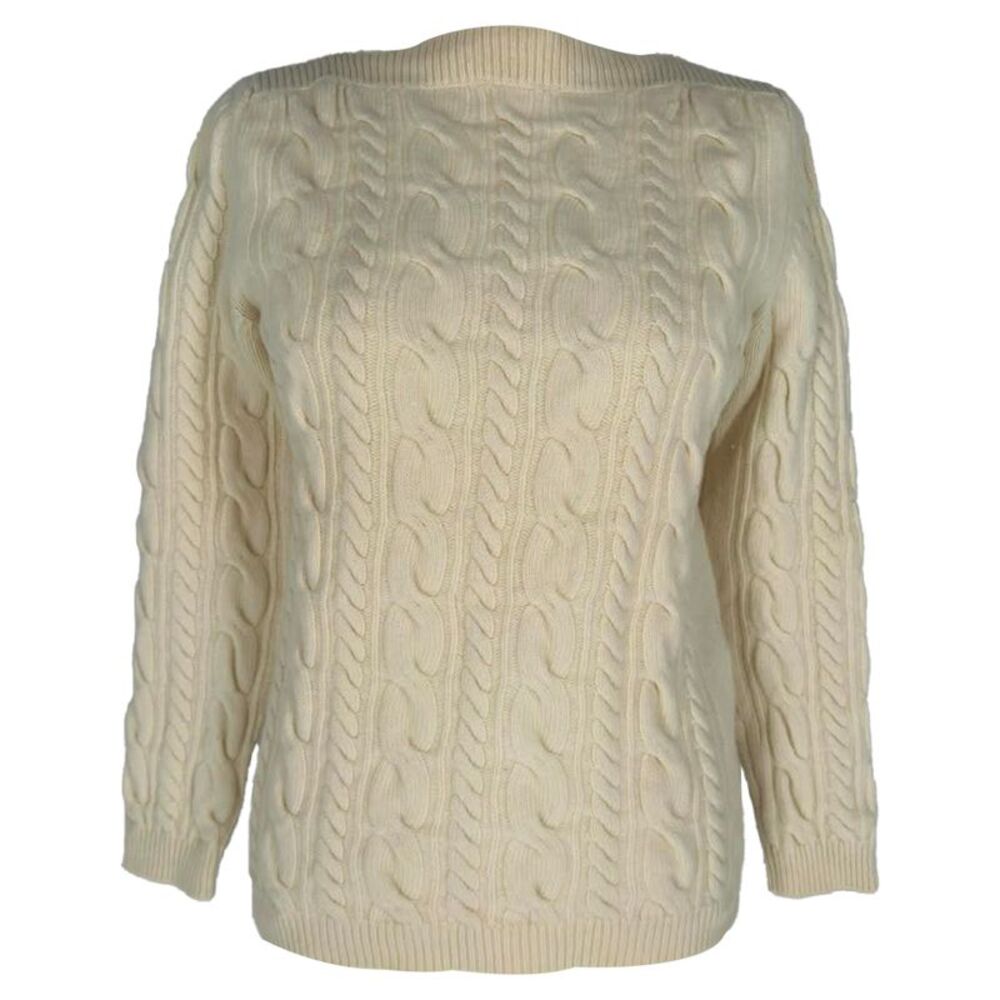 Max Mara Boat Neck Cable-Knit Sweater in Cream Wool